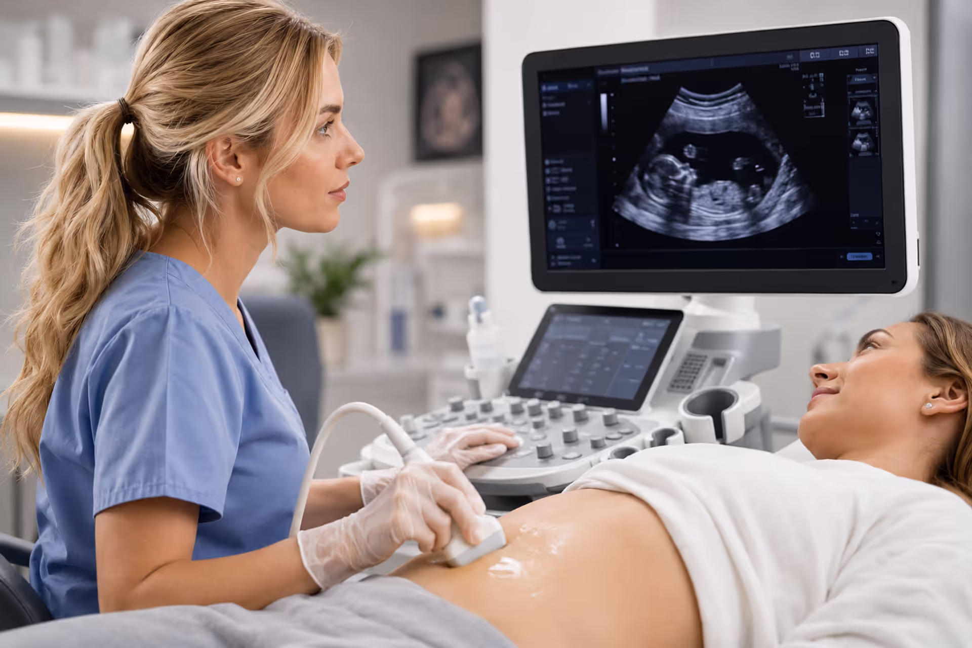 Ultrasound Technician Performing a Prenatal Diagnostic Scan in a Modern Healthcare Clinic