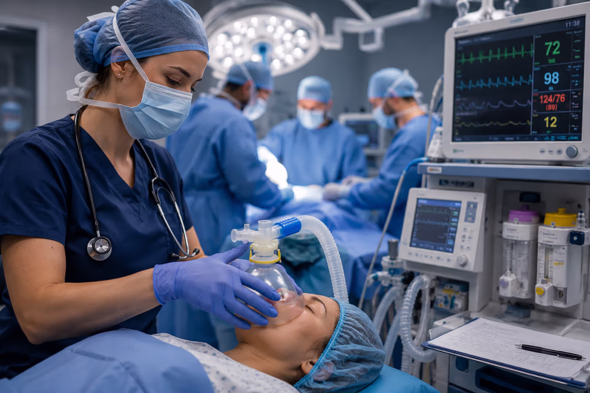 Anesthesiologist Assistant Monitoring a Patient During Surgery in a Modern Operating Room