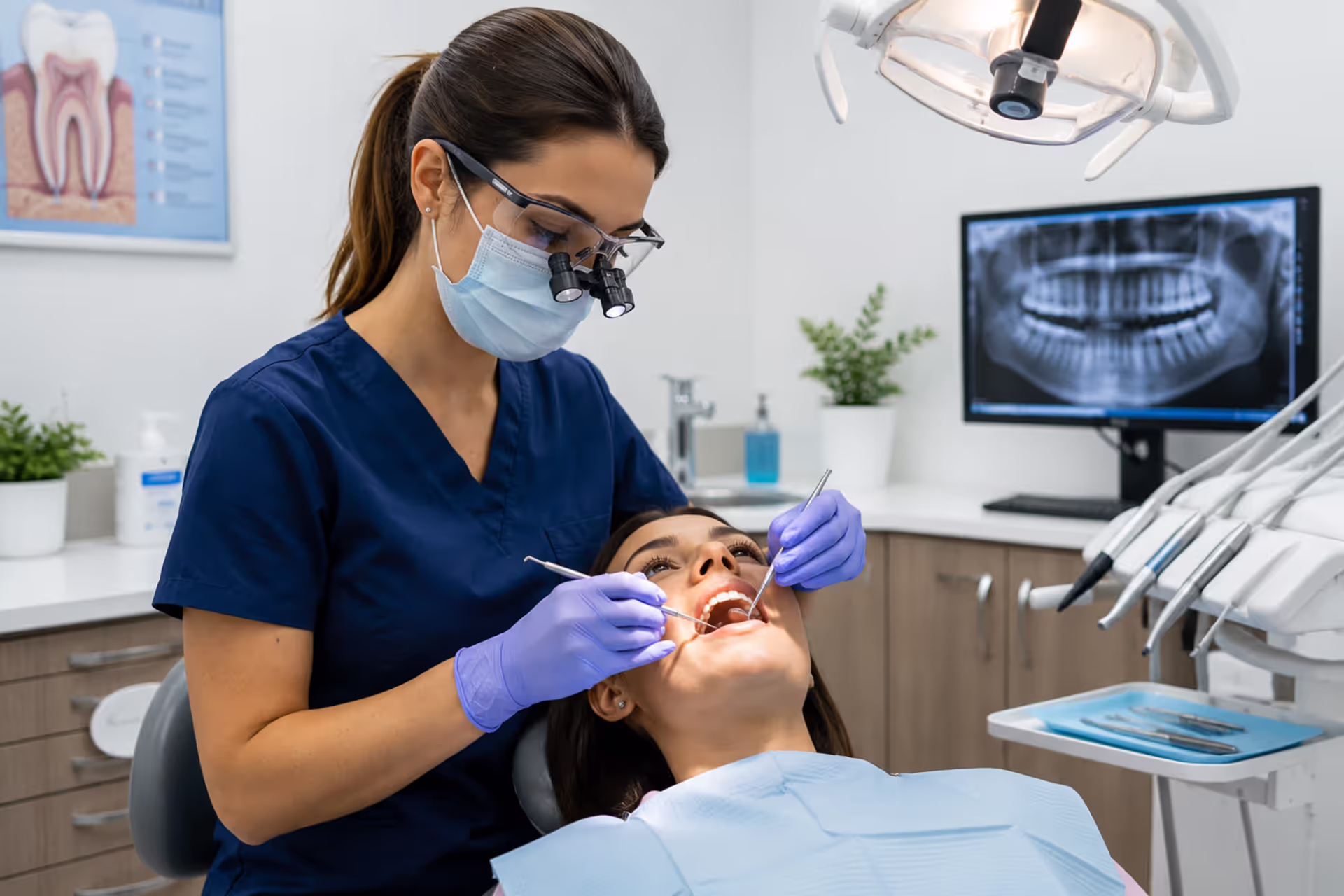 Dental Hygienist Performing a Professional Oral Examination and Preventive Dental Cleaning in a Modern Clinic