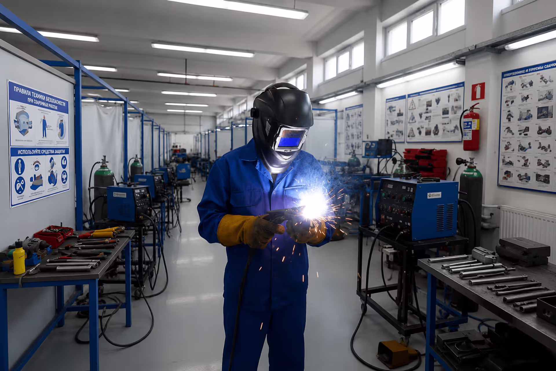 Professional Welding Student Practicing Metal Fabrication Skills in a Modern Industrial Training Workshop