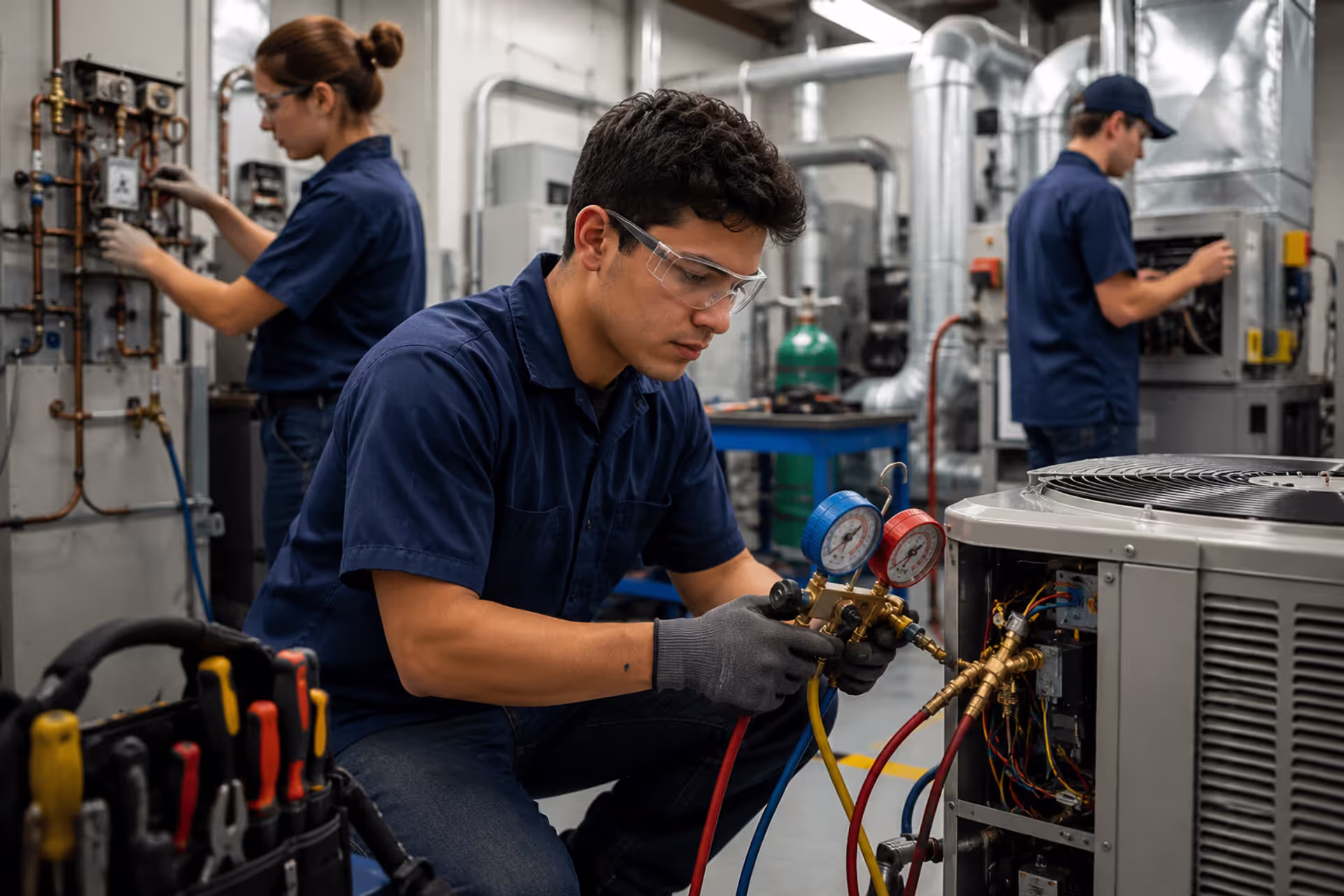 HVAC Technician Diagnosing and Servicing an Air Conditioning System in a Modern Hands-On Training Lab