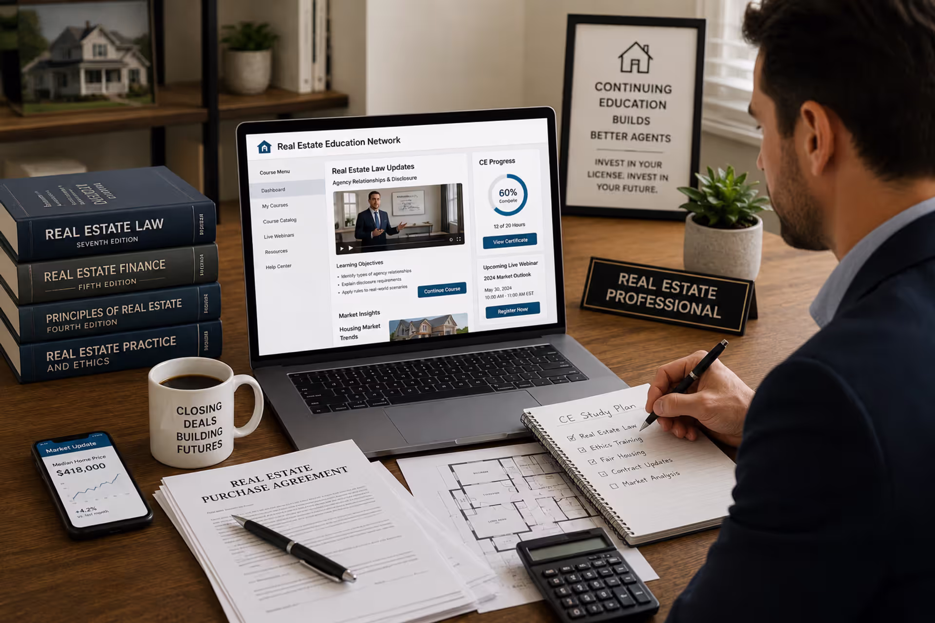 Real estate agent completing online continuing education courses for license renewal and professional development