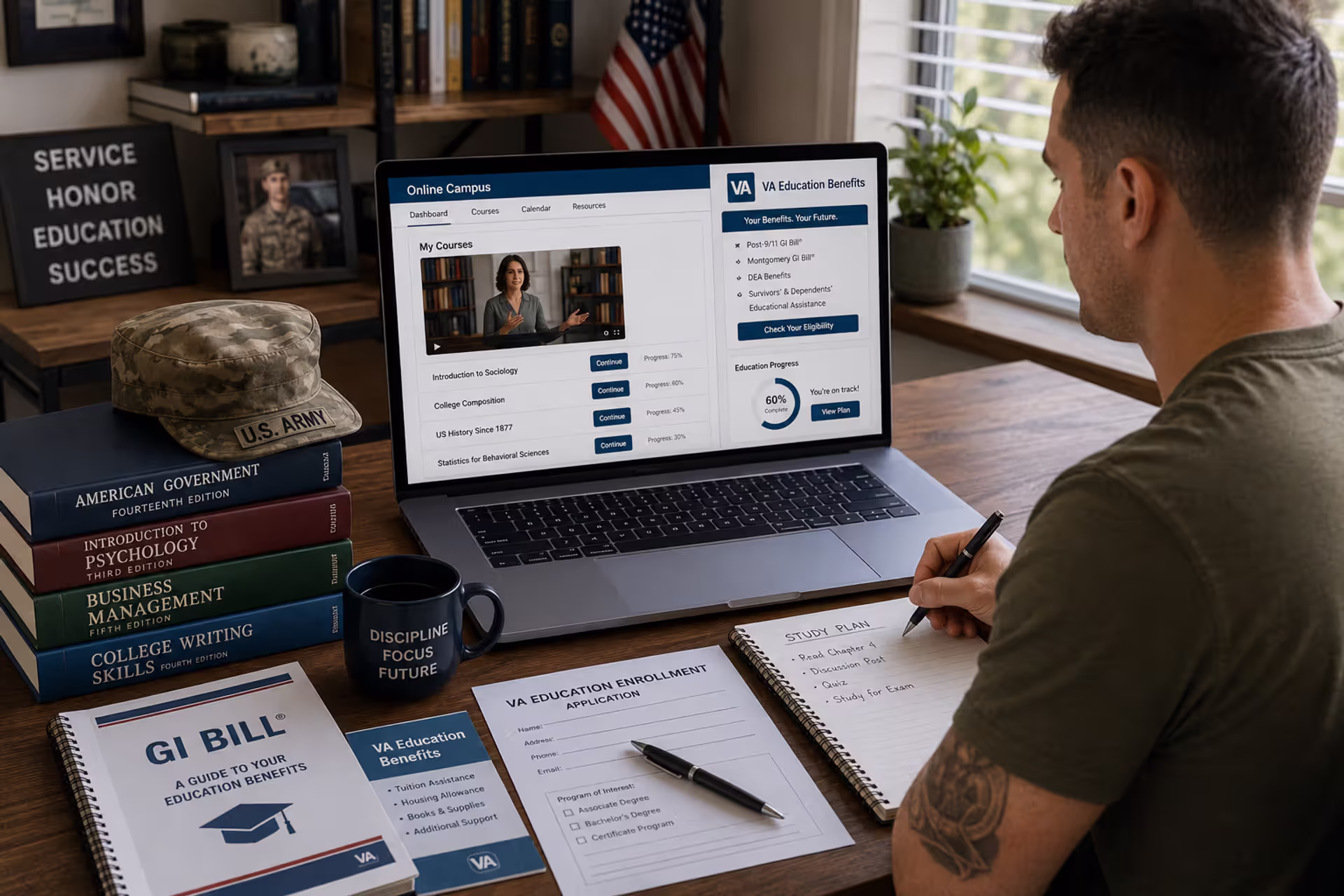 Military veteran using GI Bill education benefits to study online from home