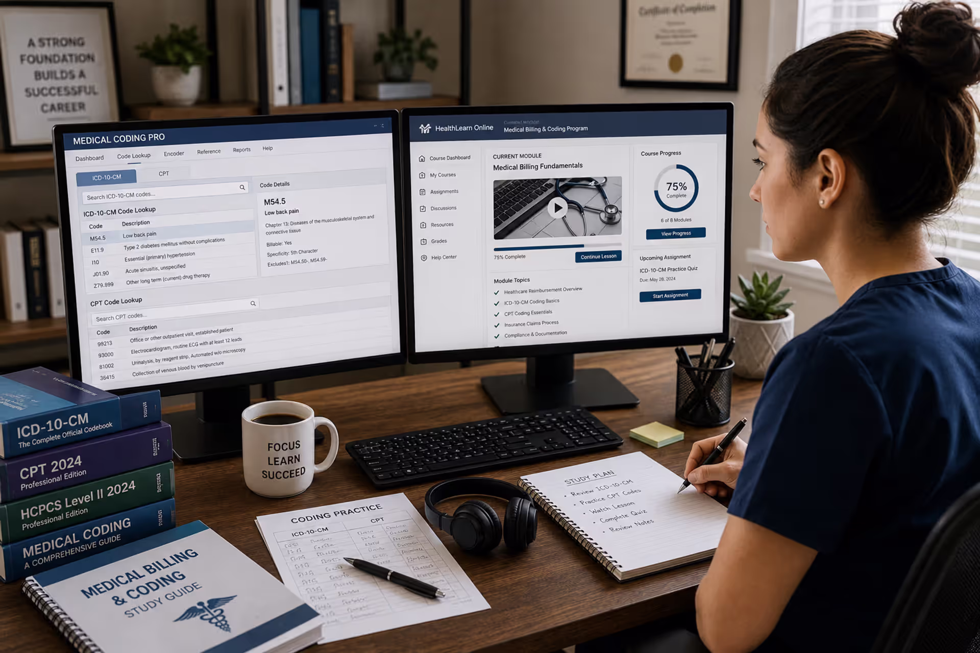 Medical billing and coding student completing online healthcare coding training at a home workspace