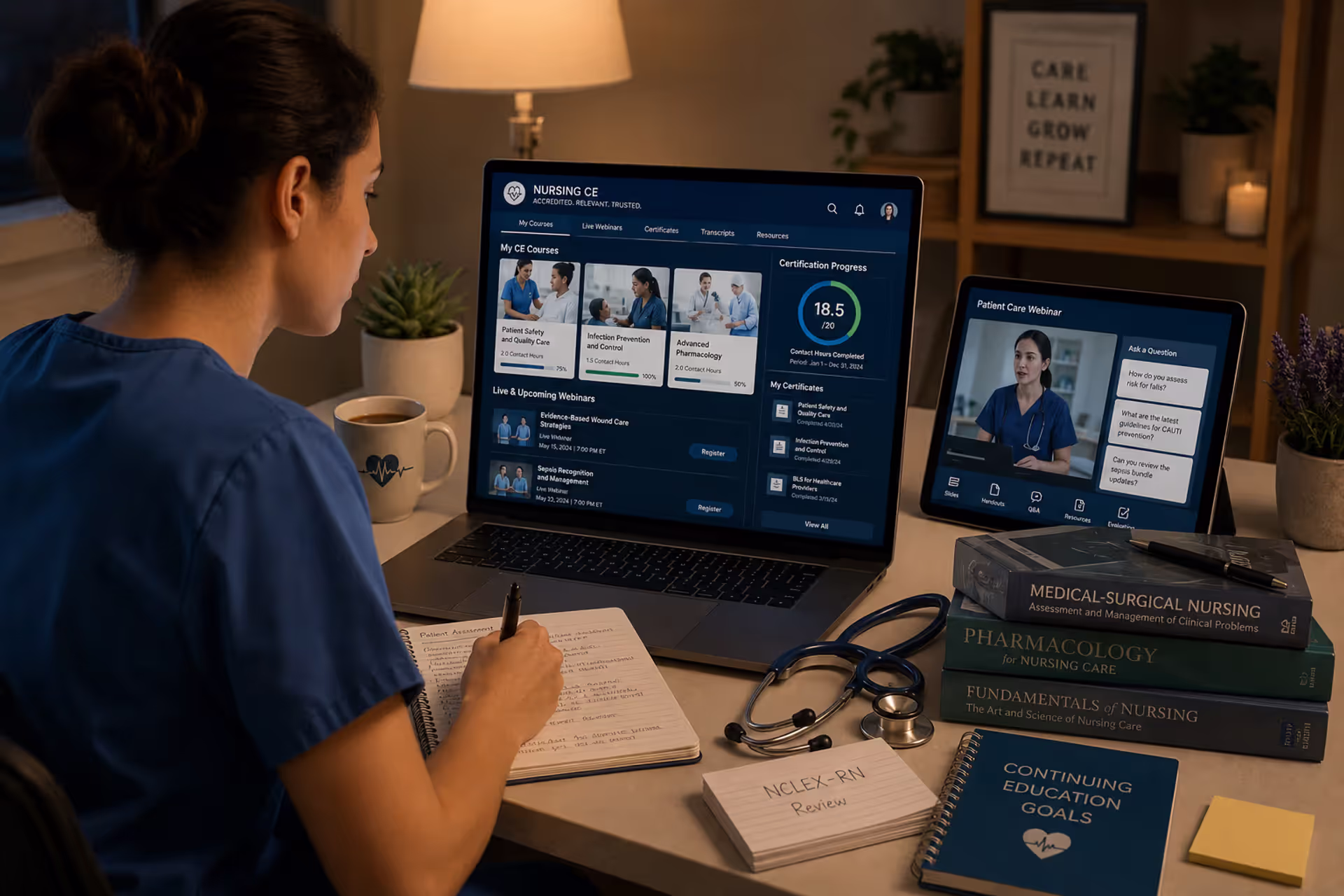 Registered nurse completing online continuing education courses for license renewal and professional development