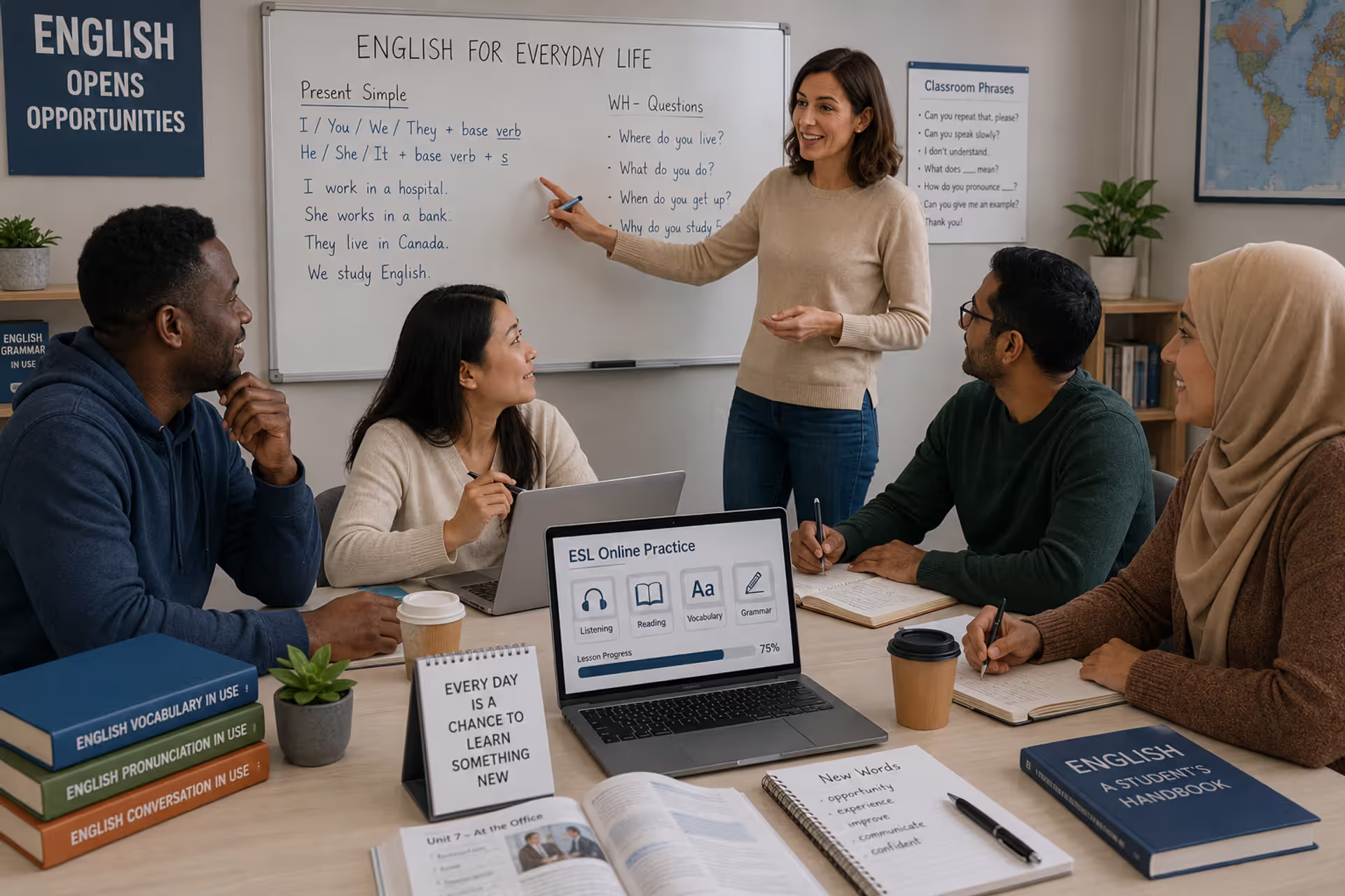 Adult students participating in an ESL English learning class with an instructor