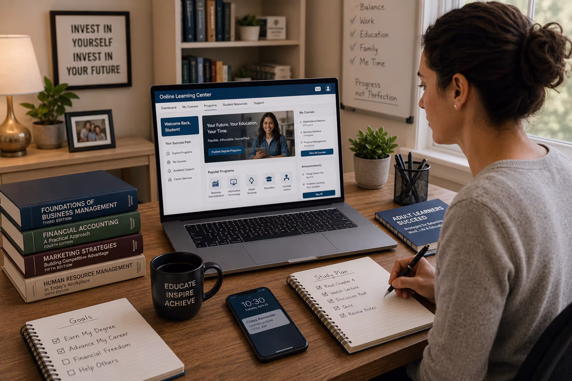 Adult learner studying in an online post secondary education program from a home workspace