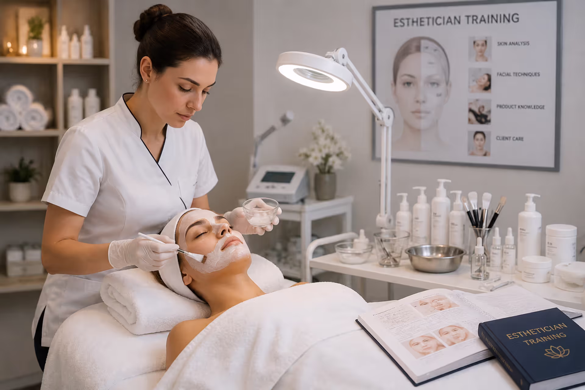Esthetician student performing facial treatment practice during professional skin care training