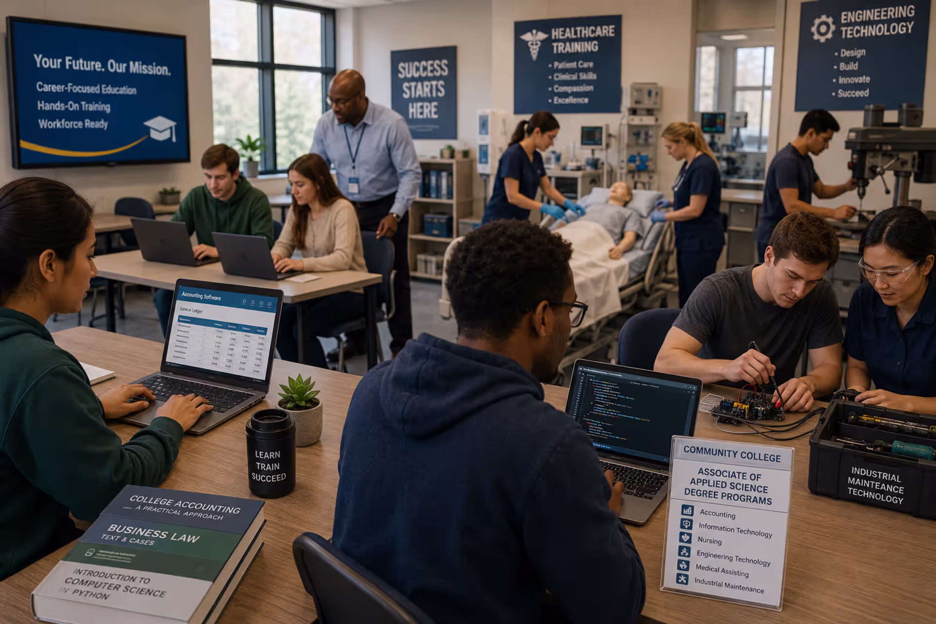 Students enrolled in Associate of Applied Science degree programs participating in hands-on career training