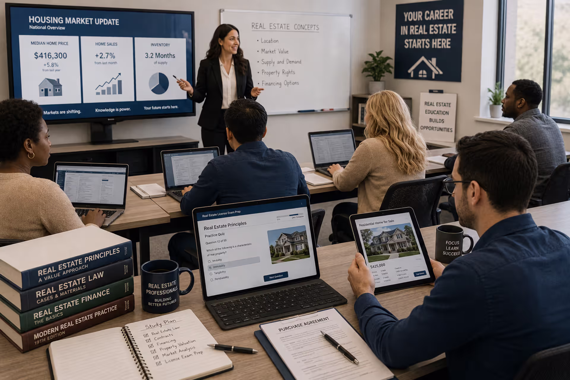Adult students attending real estate licensing classes and studying property sales training materials