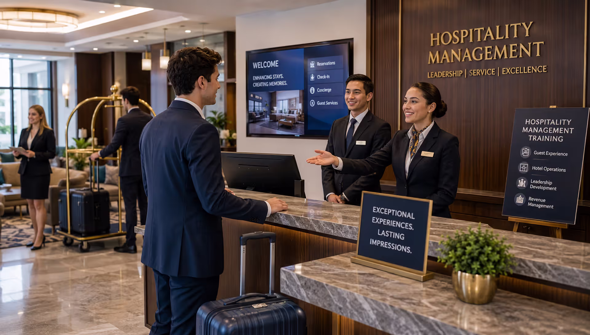 Hospitality management students practicing hotel operations and guest service in a modern hotel lobby
