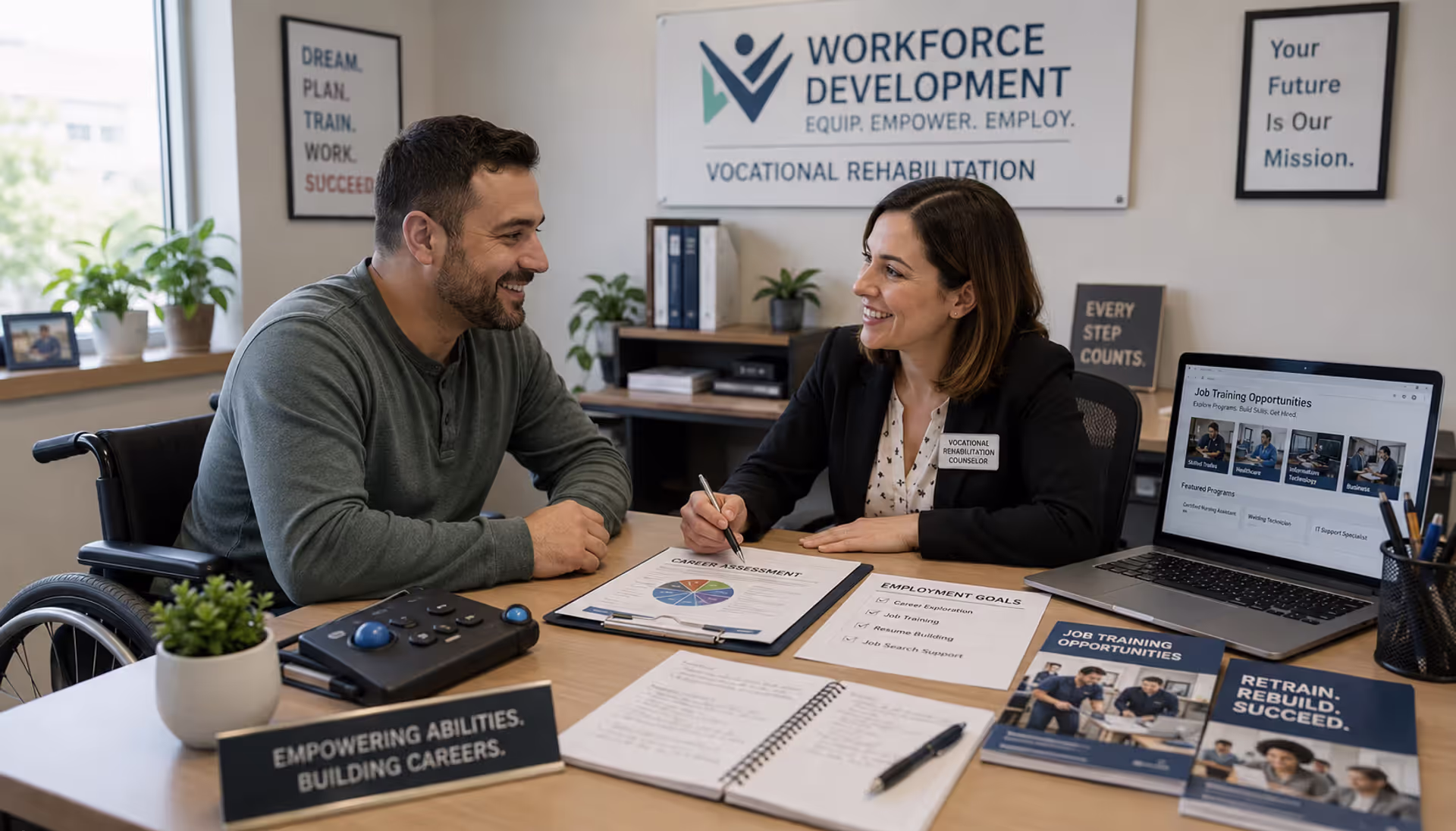 Vocational rehabilitation counselor helping an adult client explore job training and career opportunities